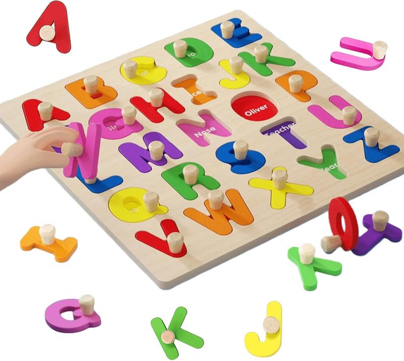 Alphabet Puzzle Wooden Puzzles with Board Knob for Toddlers 1 2 3 4 5 Year Old ABC Puzzle Shape Alphabet Learning Puzzles Toy, Great Preschool Gifts for Girls and Boys