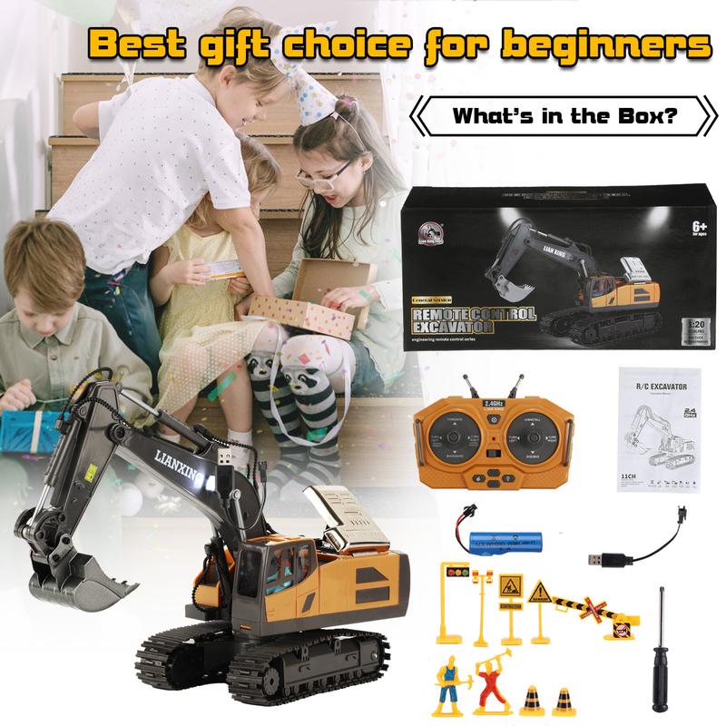 Remote Control Excavator Toys, 11 Channel RC Digger Construction Vehicles Toys with Sound & Lighting, Christmas Gifts Birthday Gifts for Boys Girls