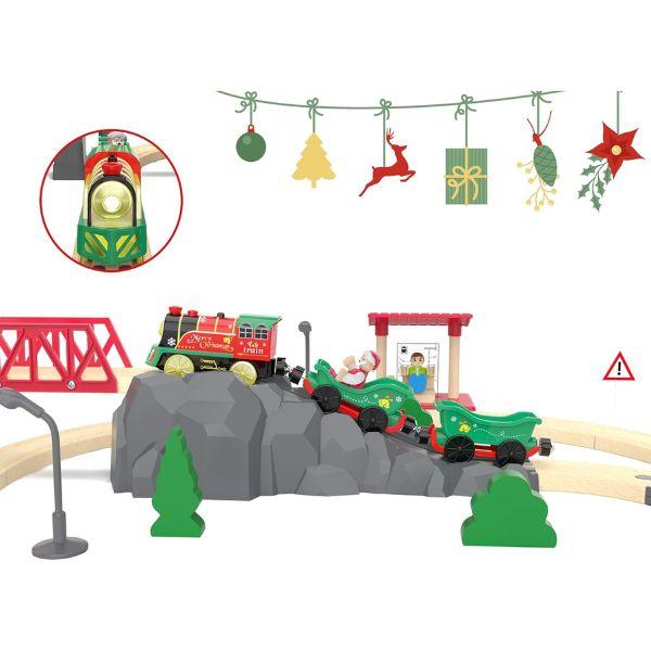 Christmas Train Set for Toddlers, Battery-Powered Electric Toy Train with Music & Lights, Motorized Train for Wooden Tracks, Compatible with Brio & Thomas & Friends, Holiday Gift for Kids