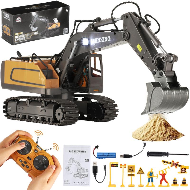 Remote Control Excavator Toys, 11 Channel RC Digger Construction Vehicles Toys with Sound & Lighting, Christmas Gifts Birthday Gifts for Boys Girls