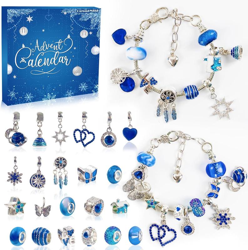 Advent Calendar Charm Bracelets 2024 for Girls, 24 Days Christmas Countdown Calendar DIY Bracelets Jewelry Making Kit with Blue Charm Beads Xmas Gift