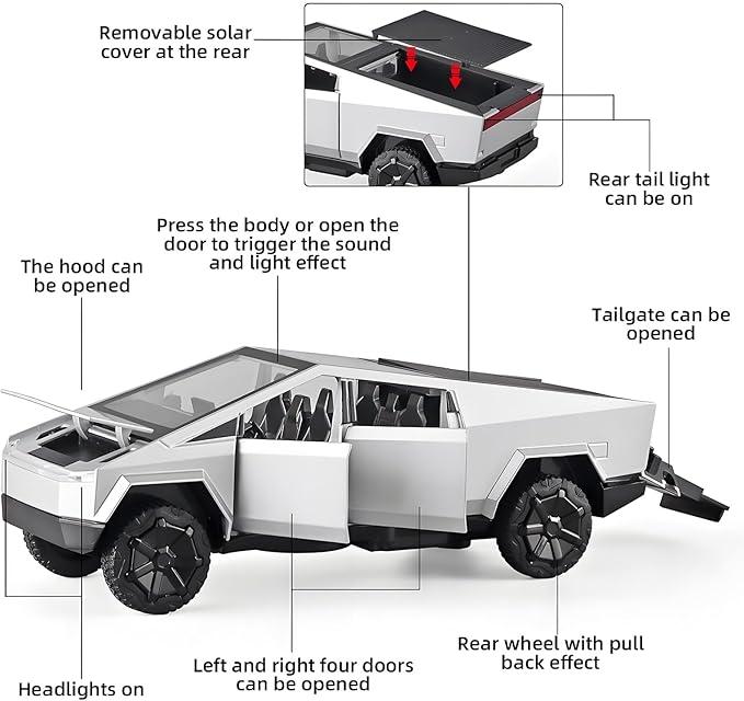 Tesla Cybertruck 1:32 Toy Pickup and a small motocross bike, the Cyberquad – Realistic Model with Flashing Lights, Motor Sound, Perfect for Kids & Collectors