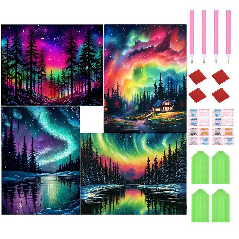 Aurora Landscape Pattern DIY Diamond Arts Colorful Painting Kit, 4 Counts set DIY 5D Diamond Arts Painting Kit, Wall Art Decor for Home