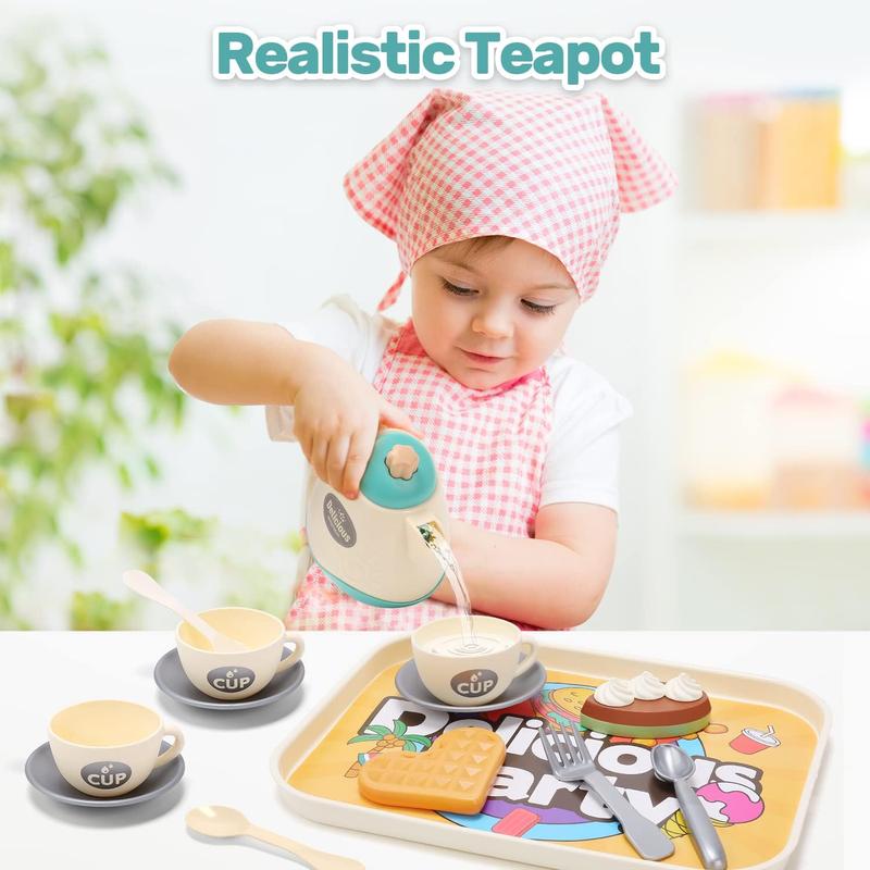 CUTE STONE Toy Tea Set , 42 PCS Tea Party Set for Girls s, Toy Waffle Maker with Light & Music, Including Dessert Cake, Teapot, Play Food for Kitchen Set, Gift for Birthday Christmas play kitchen kitchentools