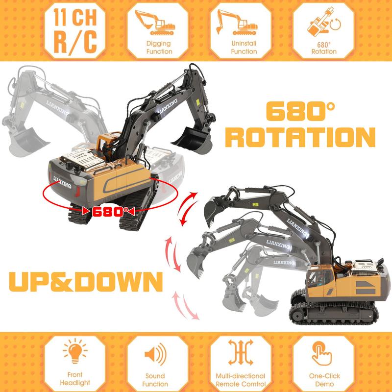 Remote Control Excavator Toys, 11 Channel RC Digger Construction Vehicles Toys with Sound & Lighting, Christmas Gifts Birthday Gifts for Boys Girls