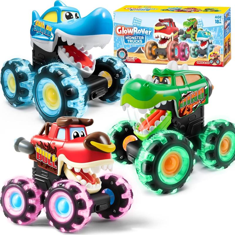 3 Pack Monster Truck Toy - Motion Activated Light-Up Cars for Toddlers - Monster Treads Lightning Wheels - Baby Toy Present - Press & Go Cars for Boys Girls