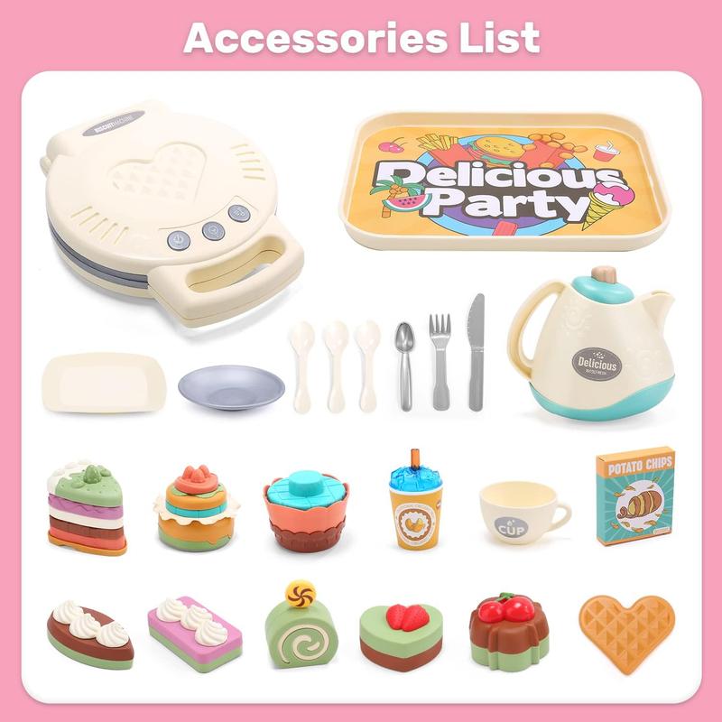 CUTE STONE Toy Tea Set , 42 PCS Tea Party Set for Girls s, Toy Waffle Maker with Light & Music, Including Dessert Cake, Teapot, Play Food for Kitchen Set, Gift for Birthday Christmas play kitchen kitchentools