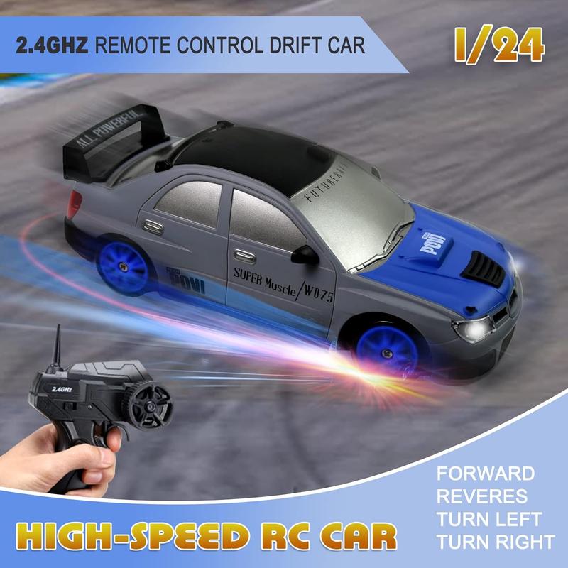 Remote Control Car RC Drift Car 2.4GHz 1:24 Scale 4WD 15KM H High Speed Model Vehicle with LED Lights Drifting Tire Racing Sport Toy Car for Adults Boys Girls Kids Gift 2Pcs Rechargeable Batteries