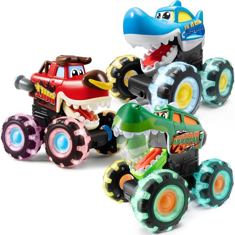 3 Pack Monster Truck Toy - Motion Activated Light-Up Cars for Toddlers - Monster Treads Lightning Wheels - Baby Toy Present - Press & Go Cars for Boys Girls