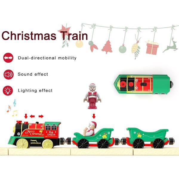 Christmas Train Set for Toddlers, Battery-Powered Electric Toy Train with Music & Lights, Motorized Train for Wooden Tracks, Compatible with Brio & Thomas & Friends, Holiday Gift for Kids