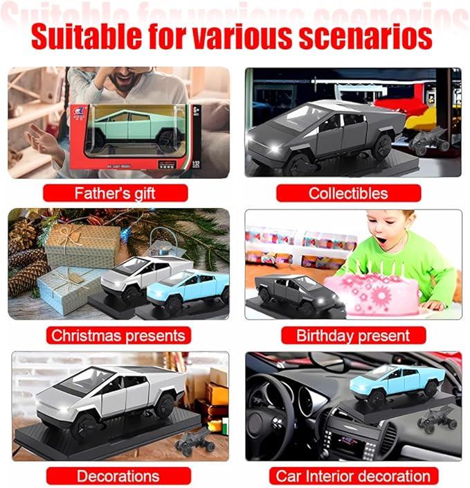 Tesla Cybertruck 1:32 Toy Pickup and a small motocross bike, the Cyberquad – Realistic Model with Flashing Lights, Motor Sound, Perfect for Kids & Collectors