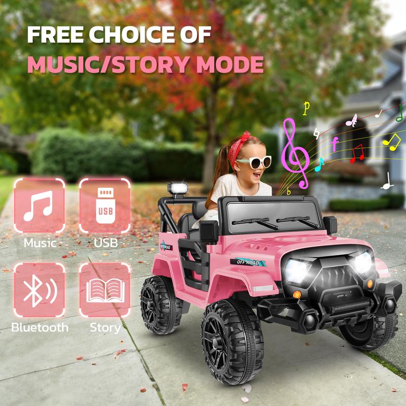 Hikole 12V Battery-Powered Ride-On Jeep for Kids, Remote Control, 3 Speeds, Bluetooth Music, LED Lights, Seat Belt