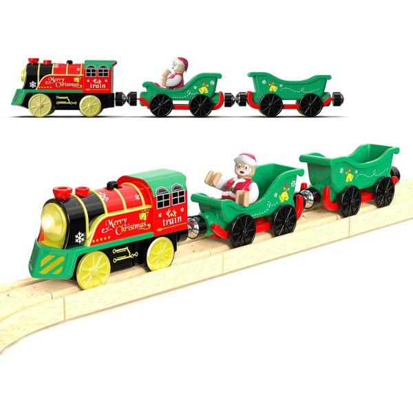 Christmas Train Set for Toddlers, Battery-Powered Electric Toy Train with Music & Lights, Motorized Train for Wooden Tracks, Compatible with Brio & Thomas & Friends, Holiday Gift for Kids