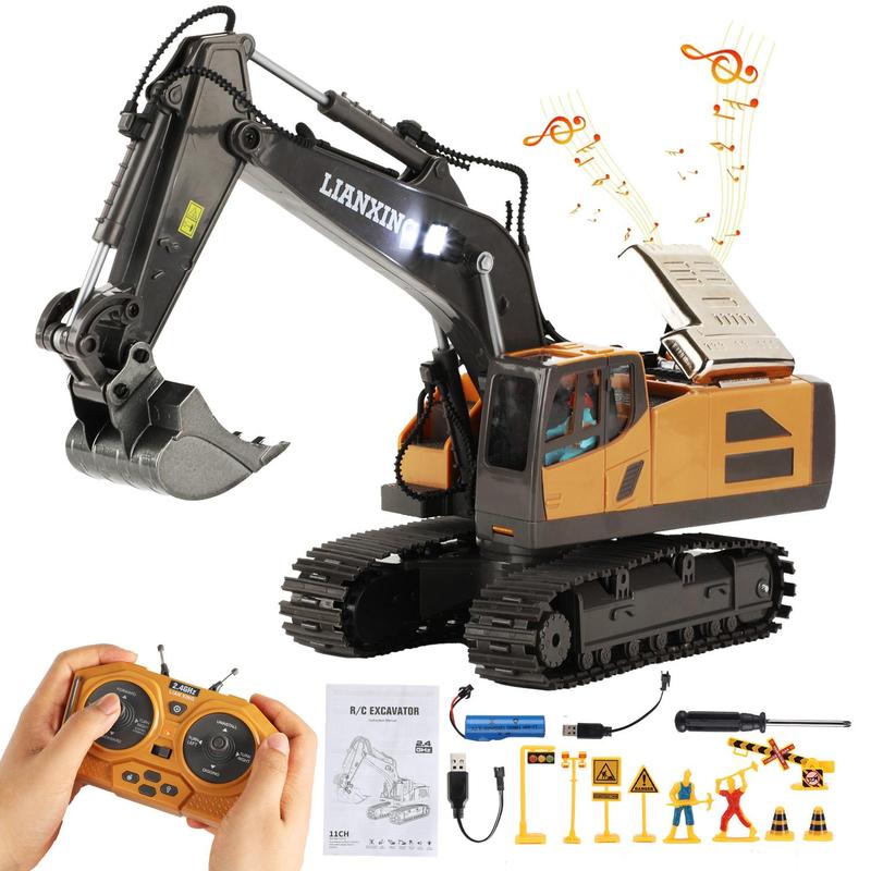 Remote Control Excavator Toys, 11 Channel RC Digger Construction Vehicles Toys with Sound & Lighting, Christmas Gifts Birthday Gifts for Boys Girls