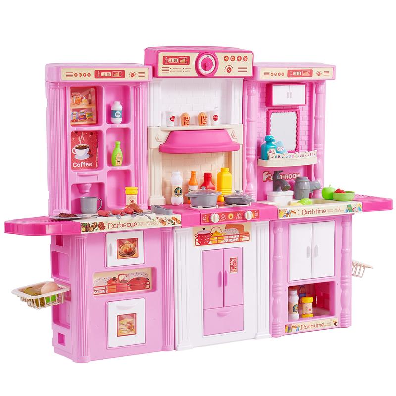 VEVOR Kids Kitchen Playset, 3-in-1 Toddler Kitchen with Simulated Spray, Sounds and Lights, Play Kitchen Set with 74 PCS Cooking Accessory Set for Toddlers, Preschoolers, Children Ages 3-8, Pink Christmas gift