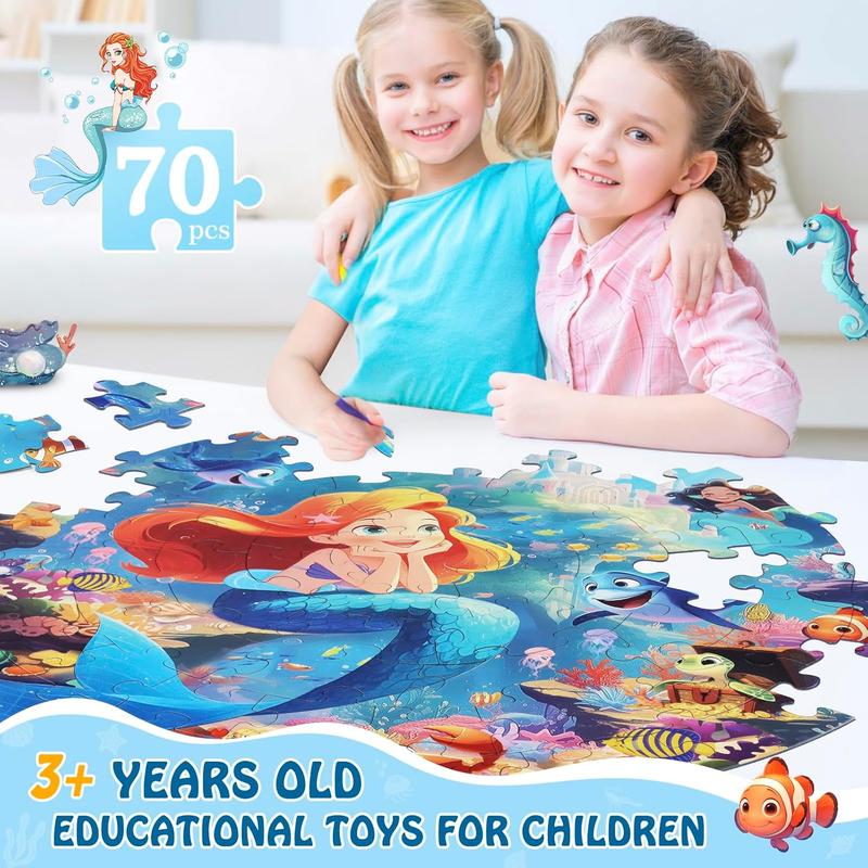 Floor Puzzles for Kids Ages 3-5, 70 count Mermaid Jigsaw Puzzle for Toddler Girls Ages 3 4 5 6 7 8 Year Old, Large Round Underwater Princess Puzzle Educational Learning Toys Birthday Gift