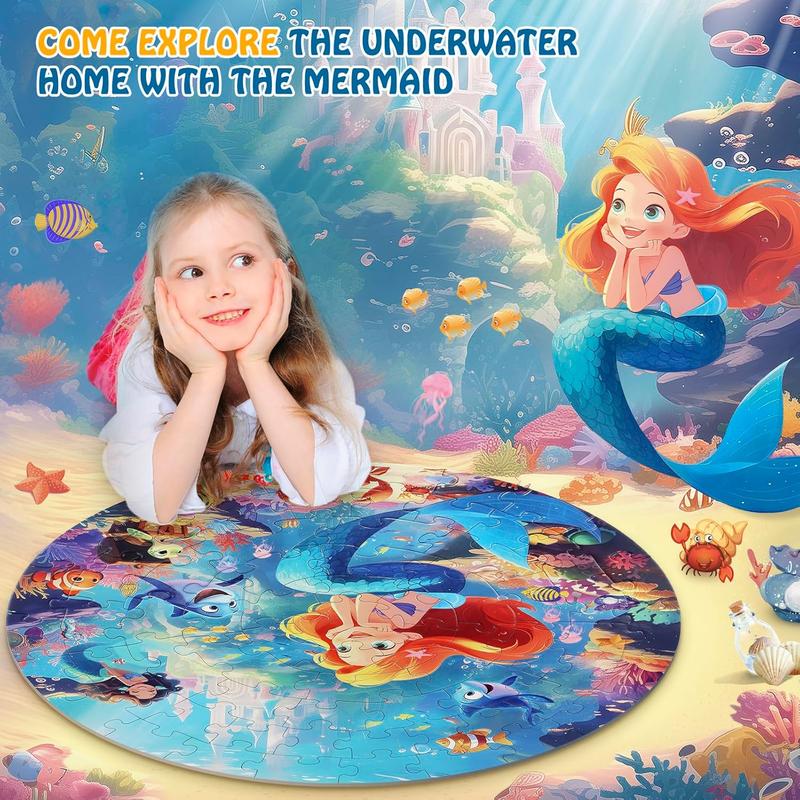 Floor Puzzles for Kids Ages 3-5, 70 count Mermaid Jigsaw Puzzle for Toddler Girls Ages 3 4 5 6 7 8 Year Old, Large Round Underwater Princess Puzzle Educational Learning Toys Birthday Gift