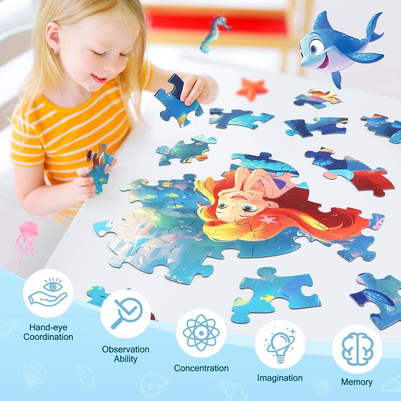 Floor Puzzles for Kids Ages 3-5, 70 count Mermaid Jigsaw Puzzle for Toddler Girls Ages 3 4 5 6 7 8 Year Old, Large Round Underwater Princess Puzzle Educational Learning Toys Birthday Gift