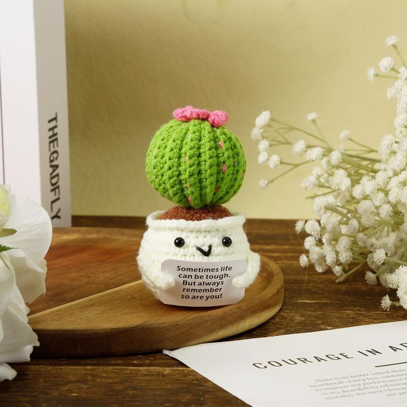 Crochet Positive Cactus, Handmade Knitted Cactus Toy Cute Funny Potato Emotional Positive Life Doll Ornaments Gifts with Encouraging Card for Adults Kids Friends Room Office Desktop Decor