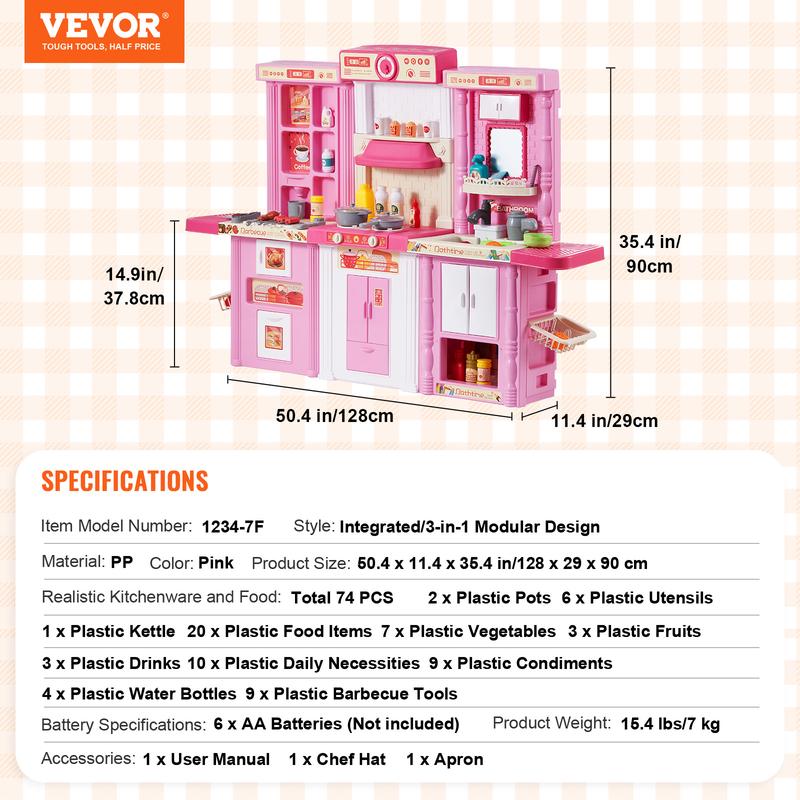 VEVOR Kids Kitchen Playset, 3-in-1 Toddler Kitchen with Simulated Spray, Sounds and Lights, Play Kitchen Set with 74 PCS Cooking Accessory Set for Toddlers, Preschoolers, Children Ages 3-8, Pink Christmas gift