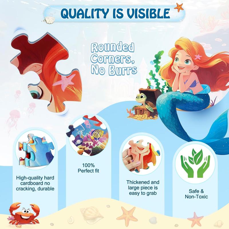 Floor Puzzles for Kids Ages 3-5, 70 count Mermaid Jigsaw Puzzle for Toddler Girls Ages 3 4 5 6 7 8 Year Old, Large Round Underwater Princess Puzzle Educational Learning Toys Birthday Gift