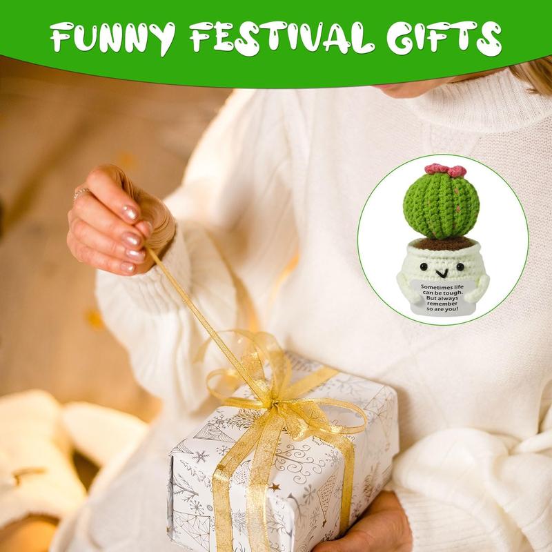 Crochet Positive Cactus, Handmade Knitted Cactus Toy Cute Funny Potato Emotional Positive Life Doll Ornaments Gifts with Encouraging Card for Adults Kids Friends Room Office Desktop Decor