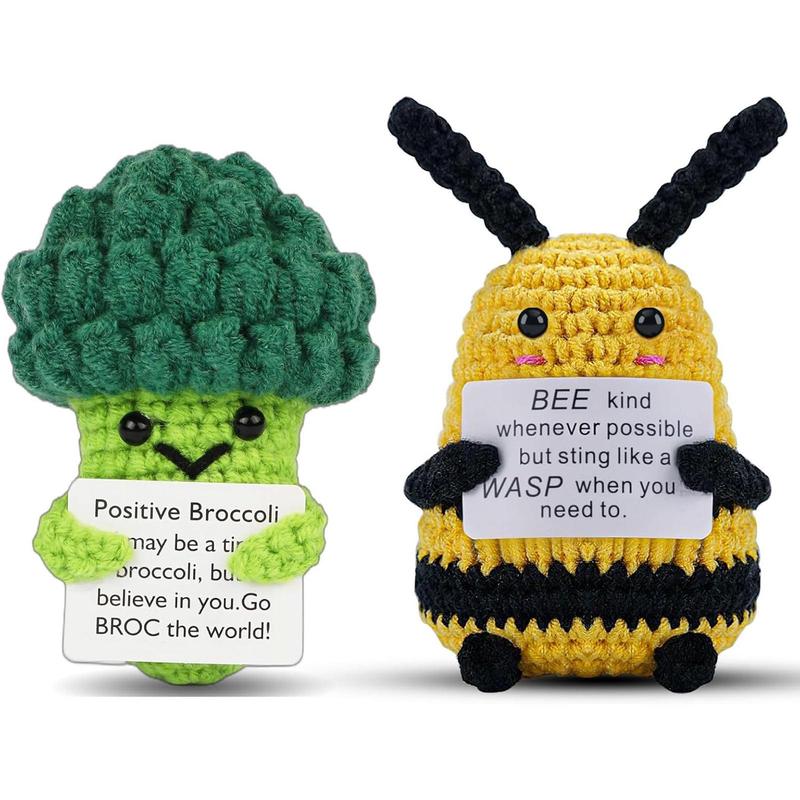 Cute Crochet Bee & Broccoli Crochet Kit, 2 Counts set Positive Crochet Inspirational Gifts for Friend Birthday, Cute Knitted Stuff Cheer Up Gifts