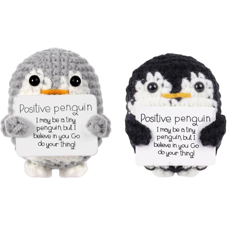 Pocket Penguin Hug, 2 Counts Mini Funny Positive Penguin, Cute Crochet Animals Doll Ornament Toy, Emotional Support Plush with Positive Card