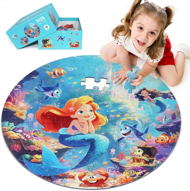 Floor Puzzles for Kids Ages 3-5, 70 count Mermaid Jigsaw Puzzle for Toddler Girls Ages 3 4 5 6 7 8 Year Old, Large Round Underwater Princess Puzzle Educational Learning Toys Birthday Gift