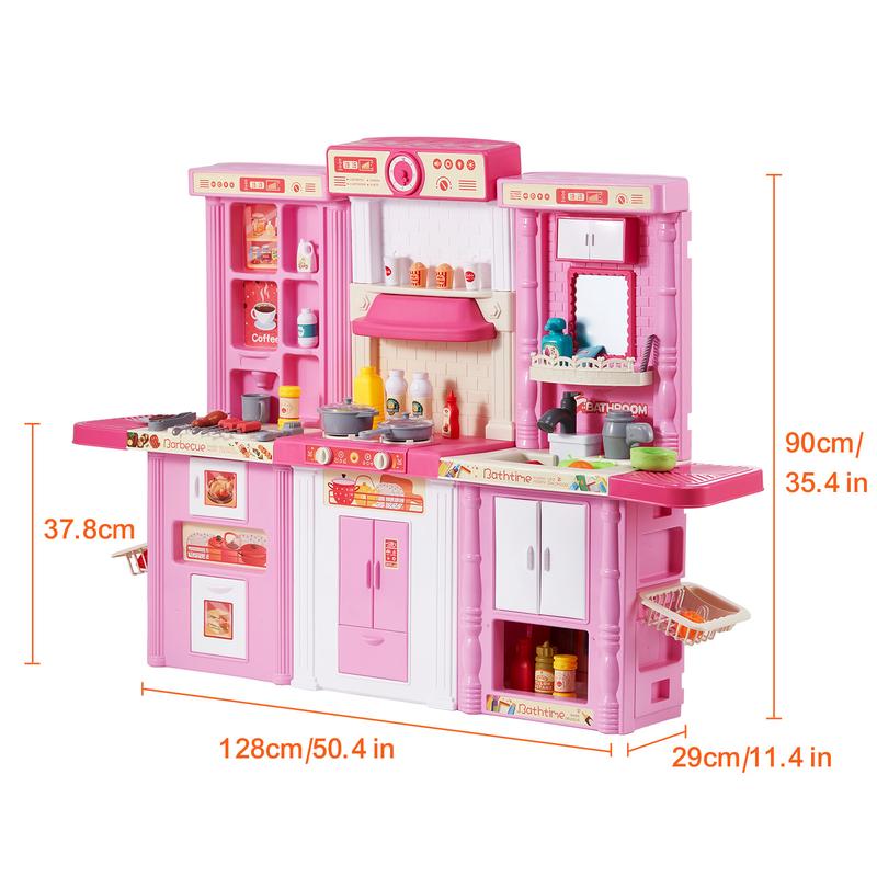 VEVOR Kids Kitchen Playset, 3-in-1 Toddler Kitchen with Simulated Spray, Sounds and Lights, Play Kitchen Set with 74 PCS Cooking Accessory Set for Toddlers, Preschoolers, Children Ages 3-8, Pink Christmas gift