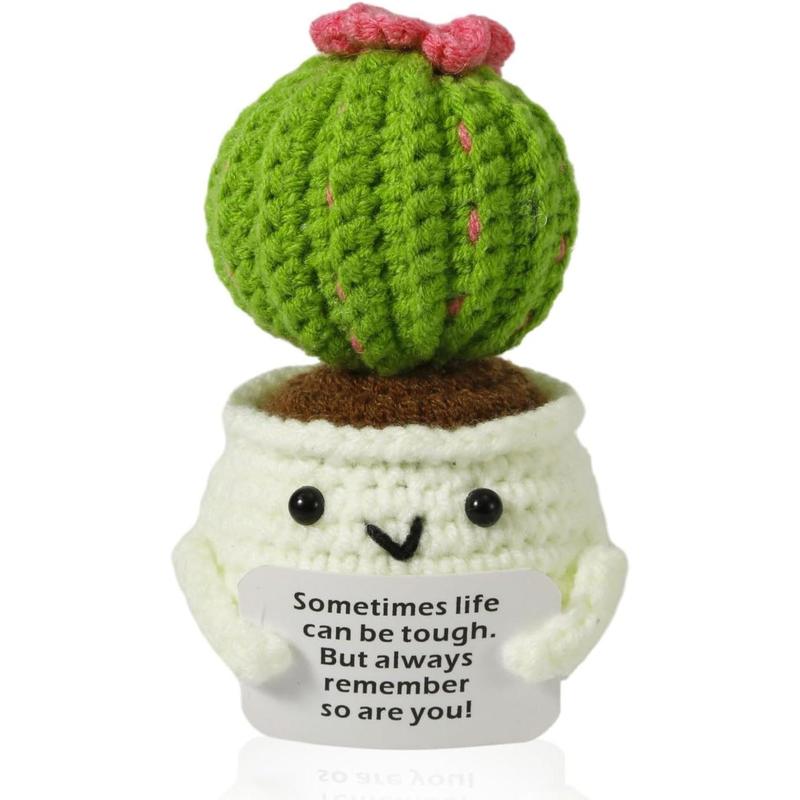 Crochet Positive Cactus, Handmade Knitted Cactus Toy Cute Funny Potato Emotional Positive Life Doll Ornaments Gifts with Encouraging Card for Adults Kids Friends Room Office Desktop Decor