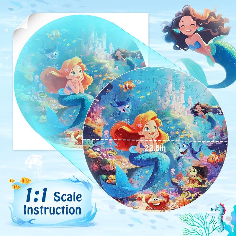 Floor Puzzles for Kids Ages 3-5, 70 count Mermaid Jigsaw Puzzle for Toddler Girls Ages 3 4 5 6 7 8 Year Old, Large Round Underwater Princess Puzzle Educational Learning Toys Birthday Gift