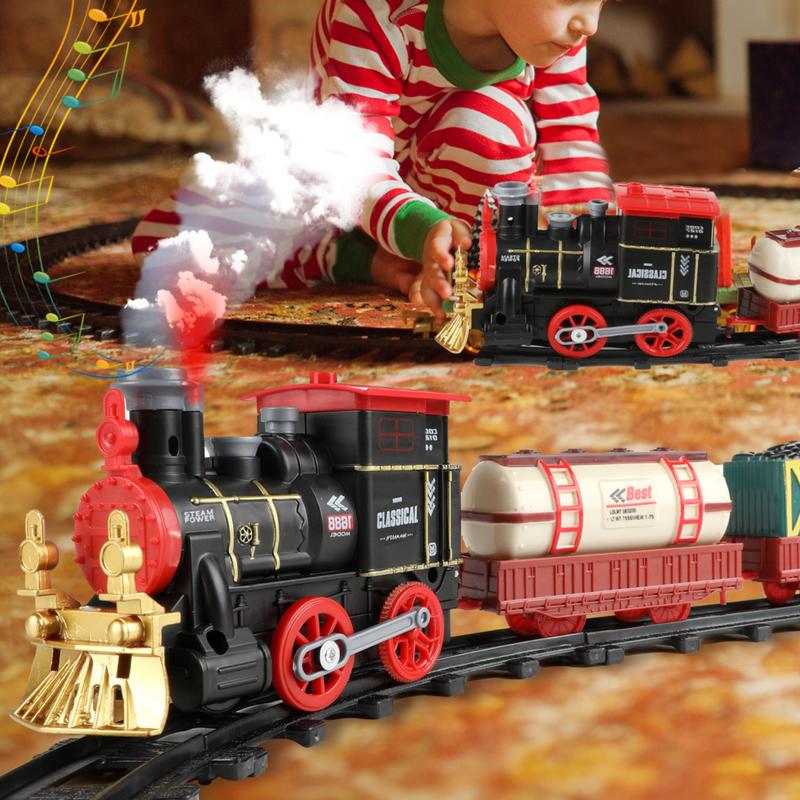 Electric Train Set for Kids, Train Toy with Steam Locomotive, Cargo Car and Long Track, Model Railway Steam Train Toy with Lights & Sound for Boys & Girls, Christmas and Birthday Gifts