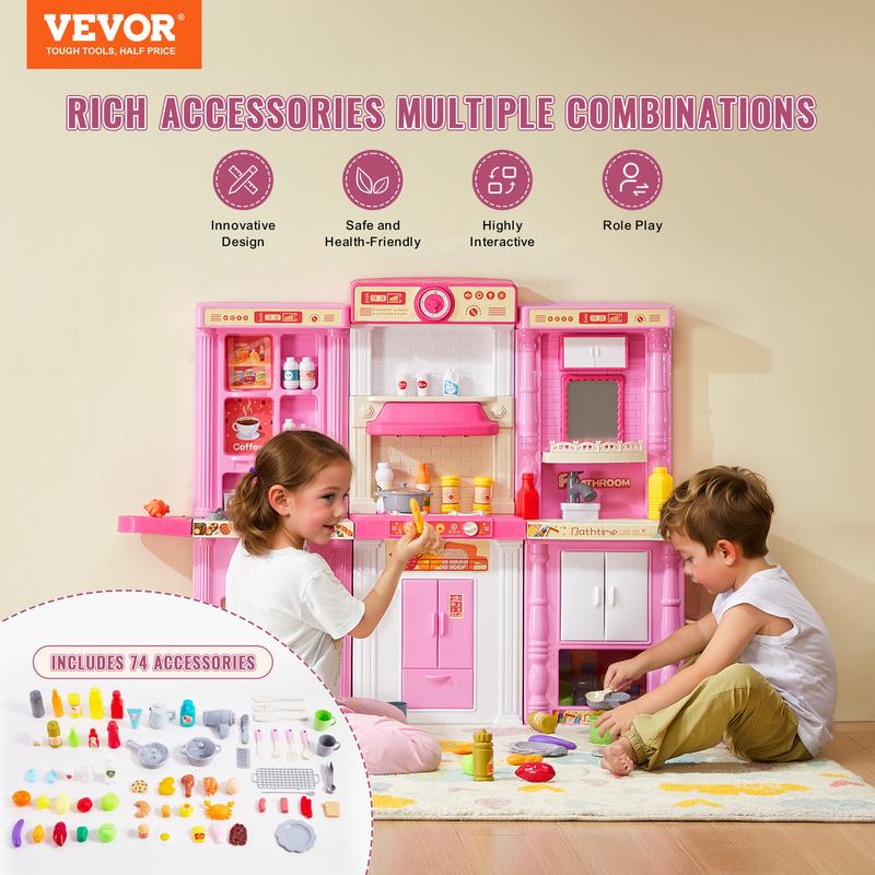 VEVOR Kids Kitchen Playset, 3-in-1 Toddler Kitchen with Simulated Spray, Sounds and Lights, Play Kitchen Set with 74 PCS Cooking Accessory Set for Toddlers, Preschoolers, Children Ages 3-8, Pink Christmas gift