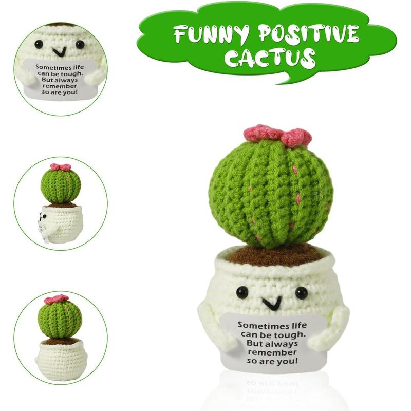 Crochet Positive Cactus, Handmade Knitted Cactus Toy Cute Funny Potato Emotional Positive Life Doll Ornaments Gifts with Encouraging Card for Adults Kids Friends Room Office Desktop Decor