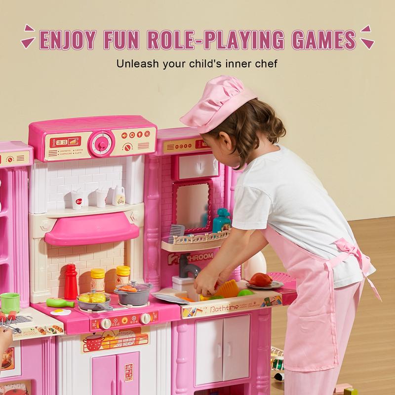 VEVOR Kids Kitchen Playset, 3-in-1 Toddler Kitchen with Simulated Spray, Sounds and Lights, Play Kitchen Set with 74 PCS Cooking Accessory Set for Toddlers, Preschoolers, Children Ages 3-8, Pink Christmas gift