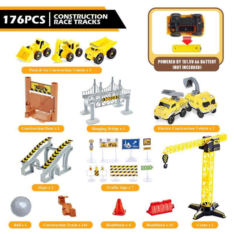 Construction Race Tracks Set, Flexible Train Tracks w  2 Electric Construction Race Vehicles w Lights, STEM Engineering Race Track Toys with Dump Truck, Crane Assort Acessories for Boys Girls