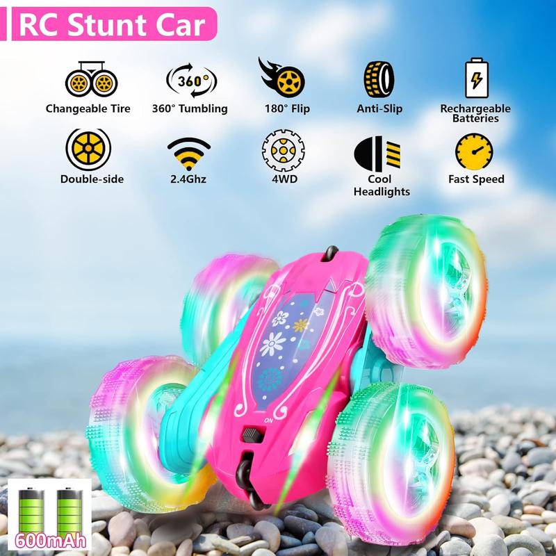 Remote Control Car for Girls : Pink RC Car Double Sided 360Flip Stunt Cars with Headlights & WheelLights Rechargeable y Car Birthday Gifts for Girl Kids Age 6 7 8 9 10 11 12 Year Old