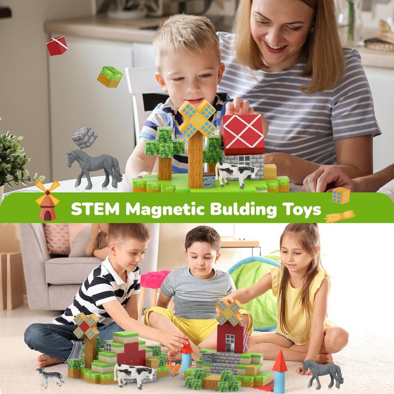 Magnetic Blocks 110PCS with 6 Animal Toys, Mine Farm Building Blocks Set, Toys for Boys & Girls Age 4-6, 6-8, STEM Montessori Stacking Building Toys for Toddlers Sensory Toy for Kids 3+