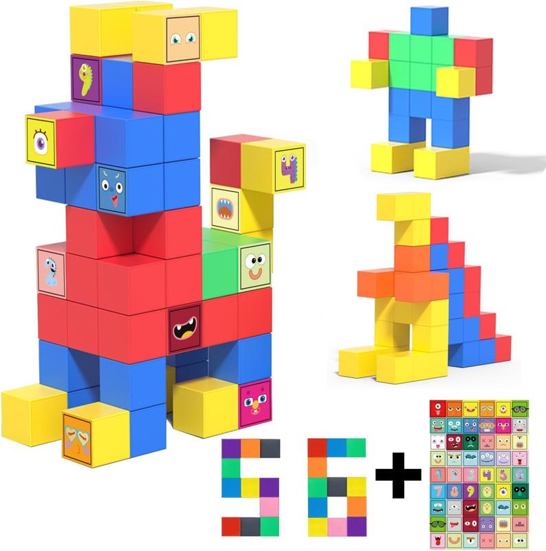 Christmas gift Magnetic Blocks for Kids Ages 3-8, 56 Magnetic Building Cubes & 54 Educational Stickers, STEM Magnet Cube Toy for Boys & Girls. Magnetic Cubes for Learning & Creative Play - Christmas & Birthday Gift