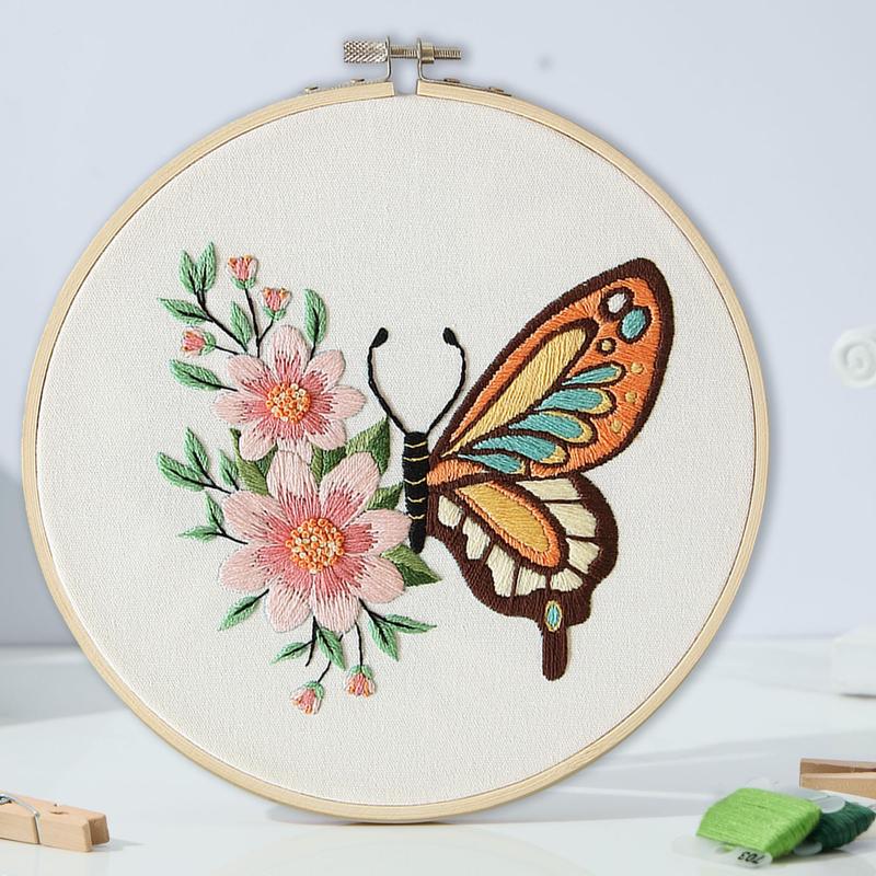 Butterfly Floral Pattern DIY Embroidery Kit, 1 Set DIY Embroidery Material Pack, Including 4 Counts Embroidery Fabric & 2 Counts Embroidery Hoop & 1 Count Threader & 12pcs Needle