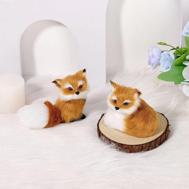 2 Piece Simulation Fox Mini Fox Toy Fur Fox Model Stuffed Fox Ornament Static Action Figures Fox Standing Sitting Plush for Home Office Desktop Bag Decoration 3.94 x 3.54 in, 3.15 x 2.75 in (Brown)