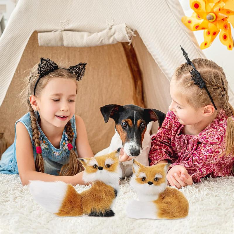 2 Piece Simulation Fox Mini Fox Toy Fur Fox Model Stuffed Fox Ornament Static Action Figures Fox Standing Sitting Plush for Home Office Desktop Bag Decoration 3.94 x 3.54 in, 3.15 x 2.75 in (Brown)