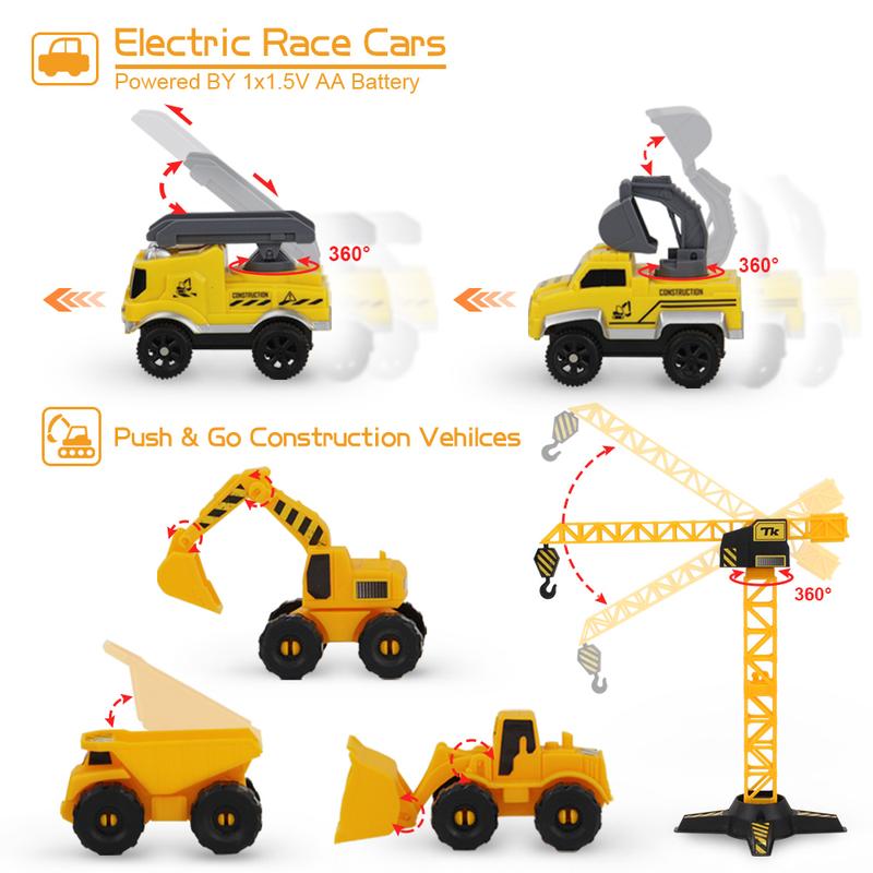 Construction Race Tracks Set, Flexible Train Tracks w  2 Electric Construction Race Vehicles w Lights, STEM Engineering Race Track Toys with Dump Truck, Crane Assort Acessories for Boys Girls