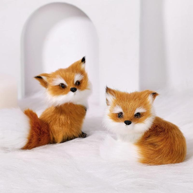 2 Piece Simulation Fox Mini Fox Toy Fur Fox Model Stuffed Fox Ornament Static Action Figures Fox Standing Sitting Plush for Home Office Desktop Bag Decoration 3.94 x 3.54 in, 3.15 x 2.75 in (Brown)