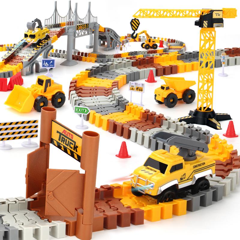 Construction Race Tracks Set, Flexible Train Tracks w  2 Electric Construction Race Vehicles w Lights, STEM Engineering Race Track Toys with Dump Truck, Crane Assort Acessories for Boys Girls