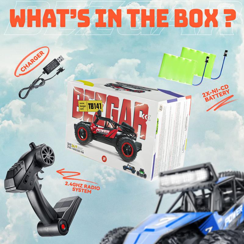 BEZGAR TB141 Remote Control Car - 2.4GHz High Speed 35KM H RC Cars Toys, 1:14 Monster RC Truck Off Road with LED Headlight and Rechargeable Battery Gifts for Adults Boys 8-12