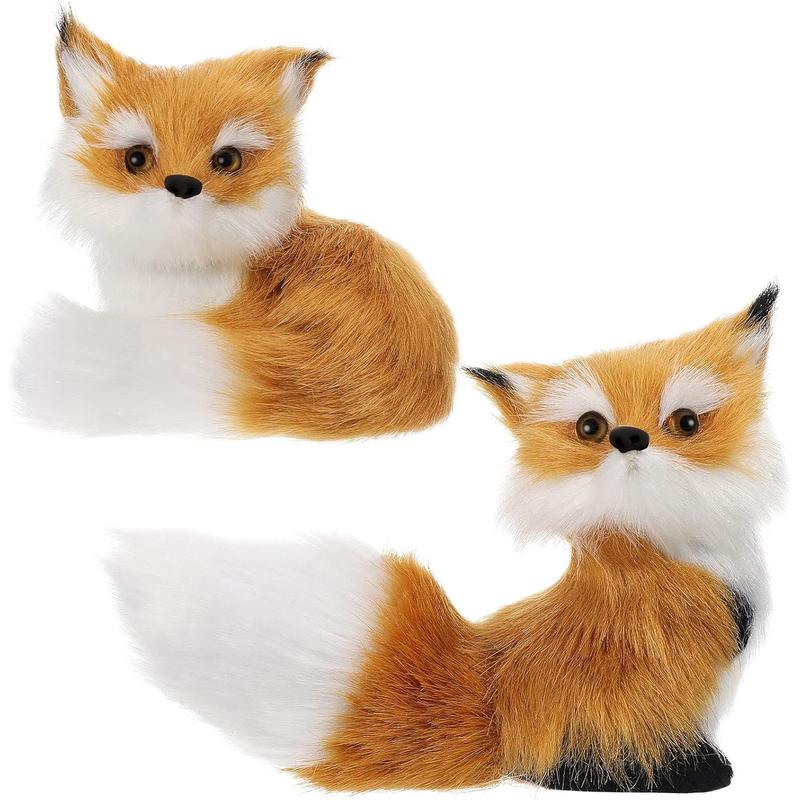 2 Piece Simulation Fox Mini Fox Toy Fur Fox Model Stuffed Fox Ornament Static Action Figures Fox Standing Sitting Plush for Home Office Desktop Bag Decoration 3.94 x 3.54 in, 3.15 x 2.75 in (Brown)