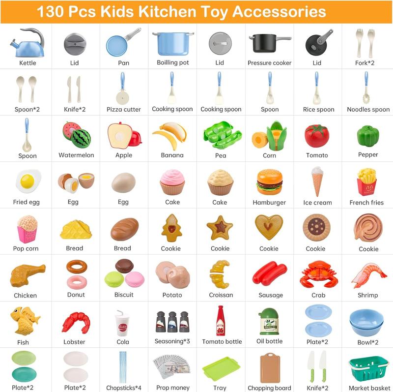 Christmas gift 130-Piece Kitchen Playset for Toddlers Pretend Cooking with Pots, Pans, Utensils, Food, Dessert, Shopping Basket Educational Kids gift