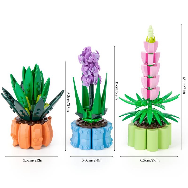 Educiro 3 Pack Botanical Collection Aloe Nobilis, Hyacinth, and Lupinus, Bonsai Plant Flowers Building Blocks Toys building toy